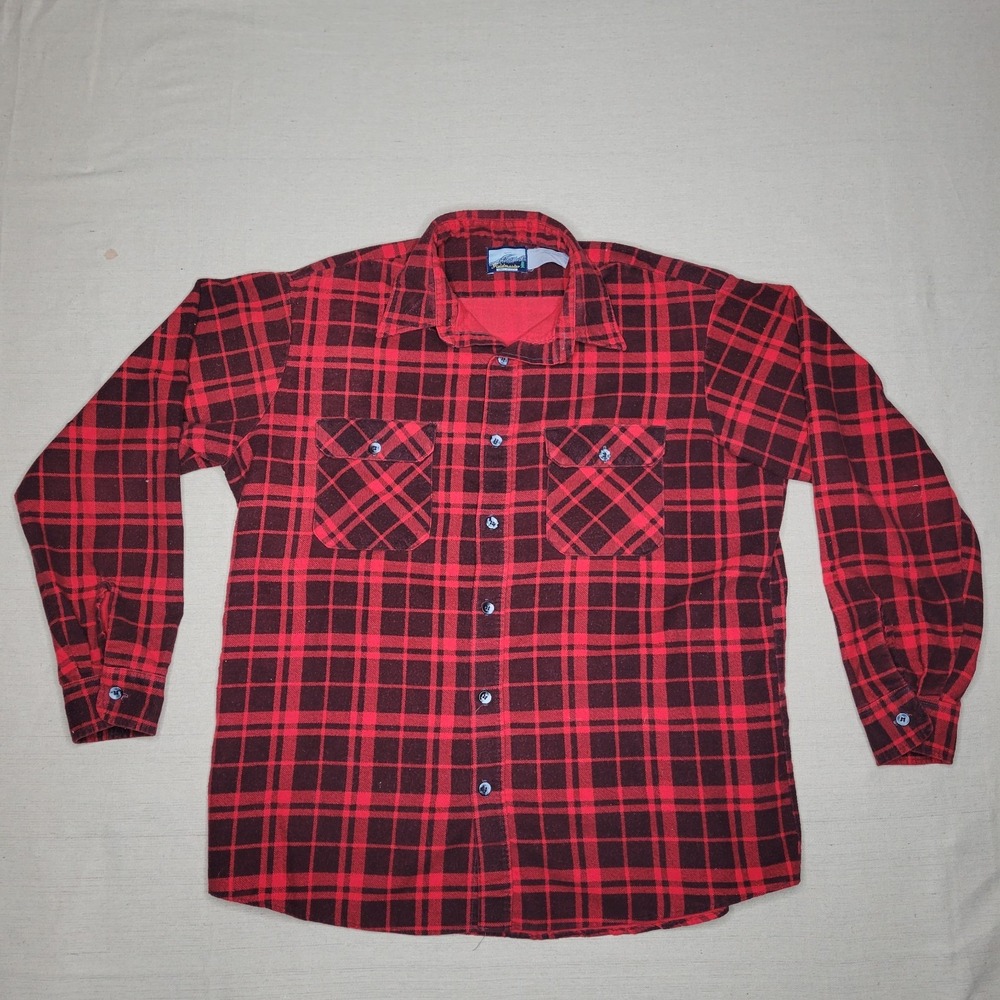 Fieldmaster Shirt Men's XL Red Black Plaid Flannel Midweight Button Up Vintage